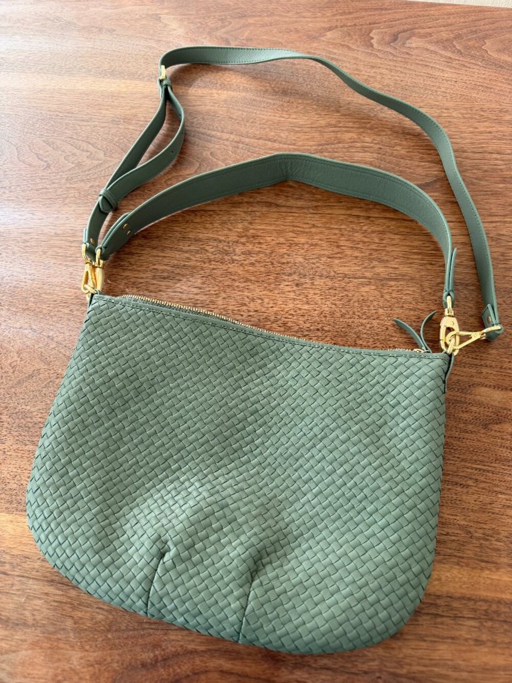 Quince Italian Leather Convertible Crescent Handwoven Shoulder Bag in Sage Green